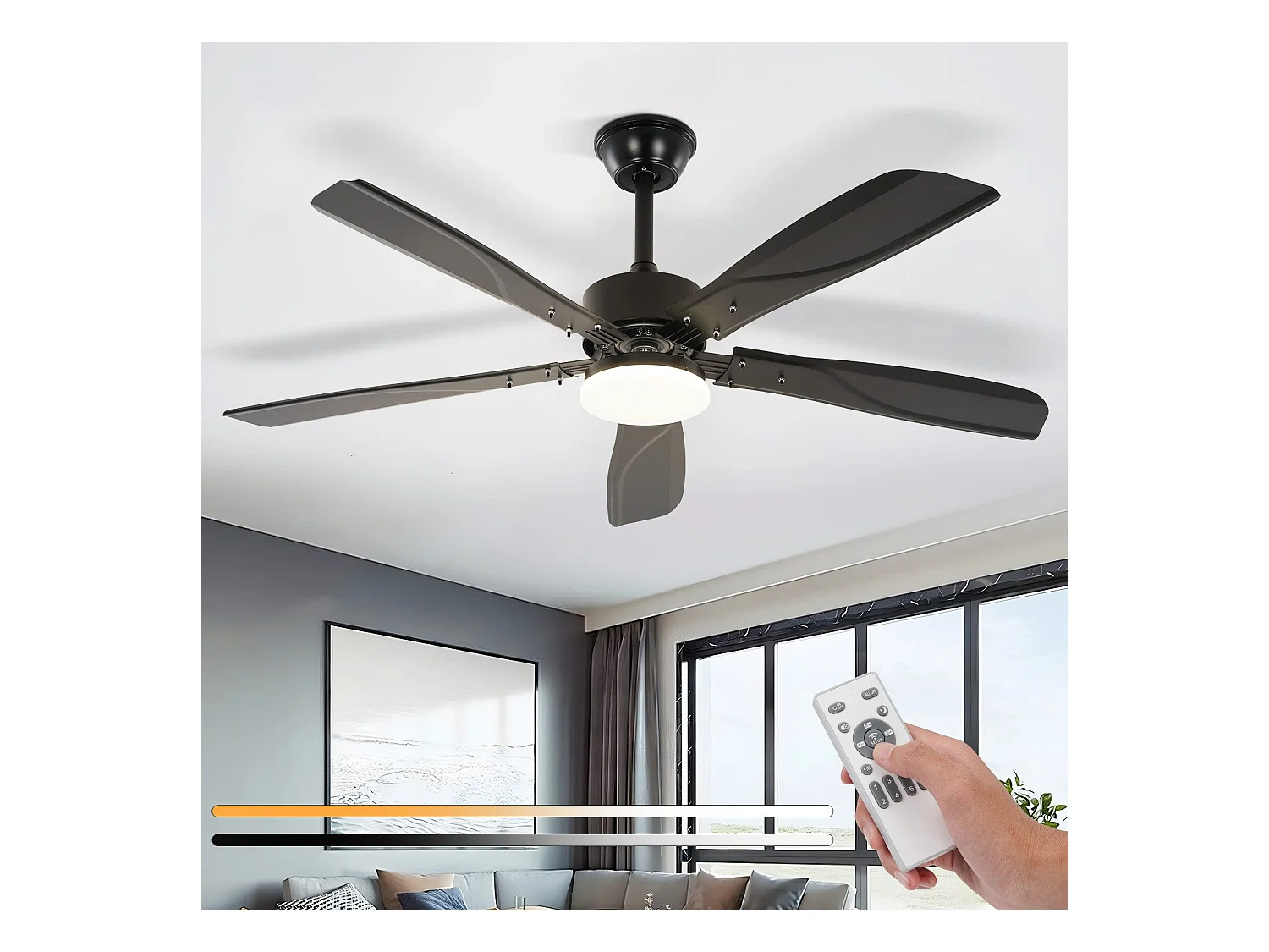 Ventilateur de plafond NETTLIFE avec éclairage LED silencieux à intensité variable 23W Noir 125 cm Ventilateurs avec lumière Minuterie 6 vitesses