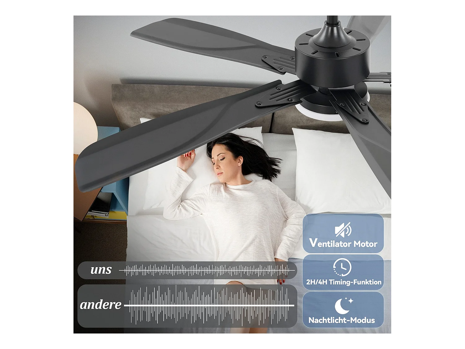Ventilateur de plafond NETTLIFE avec éclairage LED silencieux à intensité variable 23W Noir 125 cm Ventilateurs avec lumière Minuterie 6 vitesses