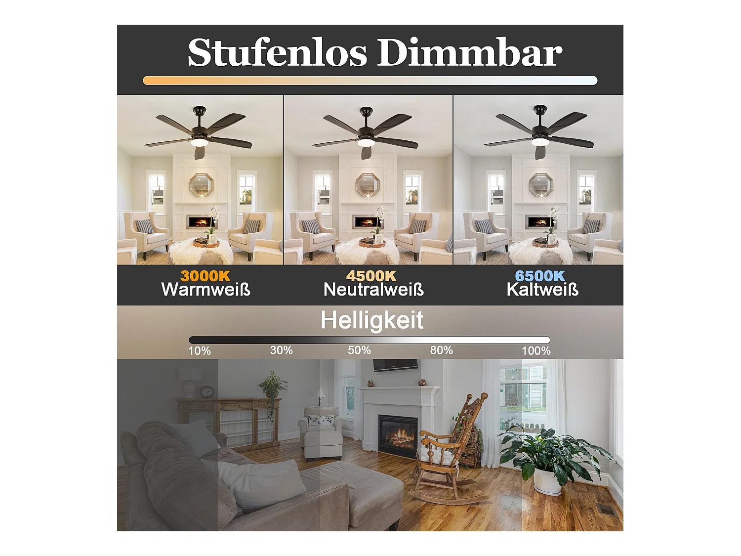 Ventilateur de plafond NETTLIFE avec éclairage LED silencieux à intensité variable 23W Noir 125 cm Ventilateurs avec lumière Minuterie 6 vitesses