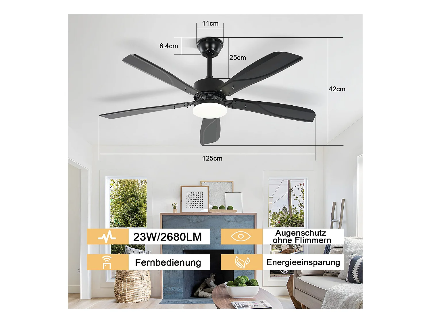 Ventilateur de plafond NETTLIFE avec éclairage LED silencieux à intensité variable 23W Noir 125 cm Ventilateurs avec lumière Minuterie 6 vitesses