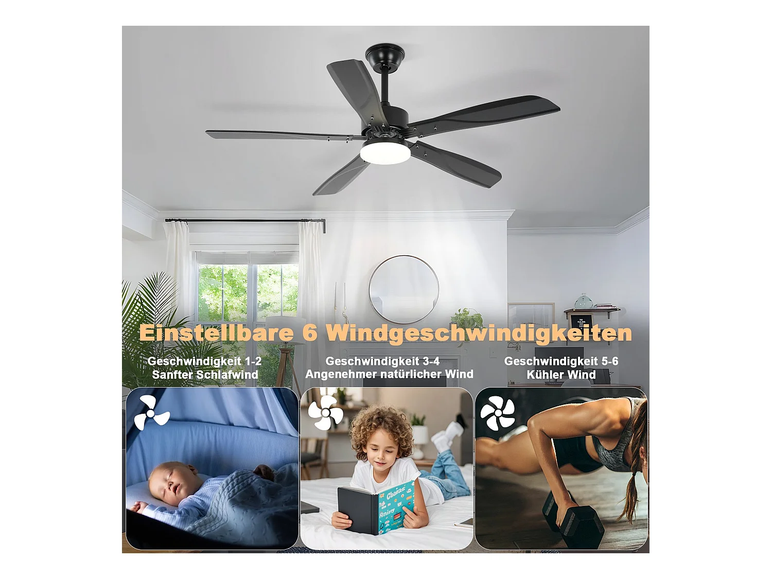 Ventilateur de plafond NETTLIFE avec éclairage LED silencieux à intensité variable 23W Noir 125 cm Ventilateurs avec lumière Minuterie 6 vitesses