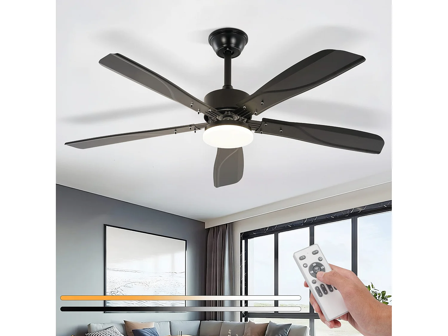 Ventilateur de plafond NETTLIFE avec éclairage LED silencieux à intensité variable 23W Noir 125 cm Ventilateurs avec lumière Minuterie 6 vitesses