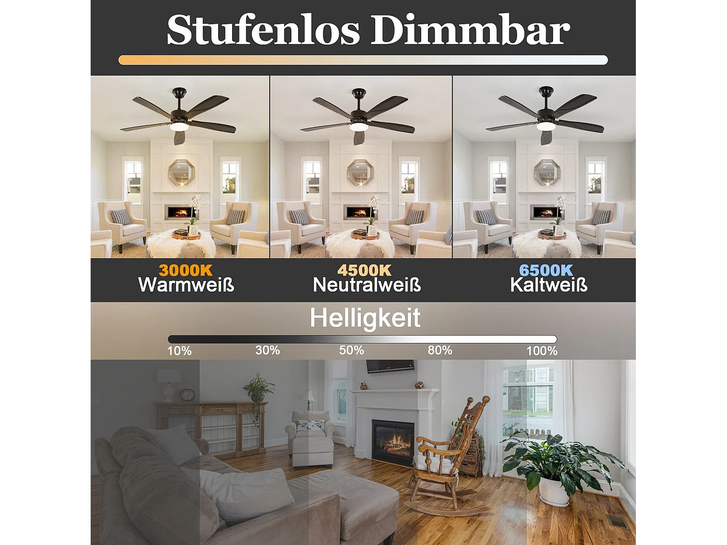 Ventilateur de plafond NETTLIFE avec éclairage LED silencieux à intensité variable 23W Noir 125 cm Ventilateurs avec lumière Minuterie 6 vitesses