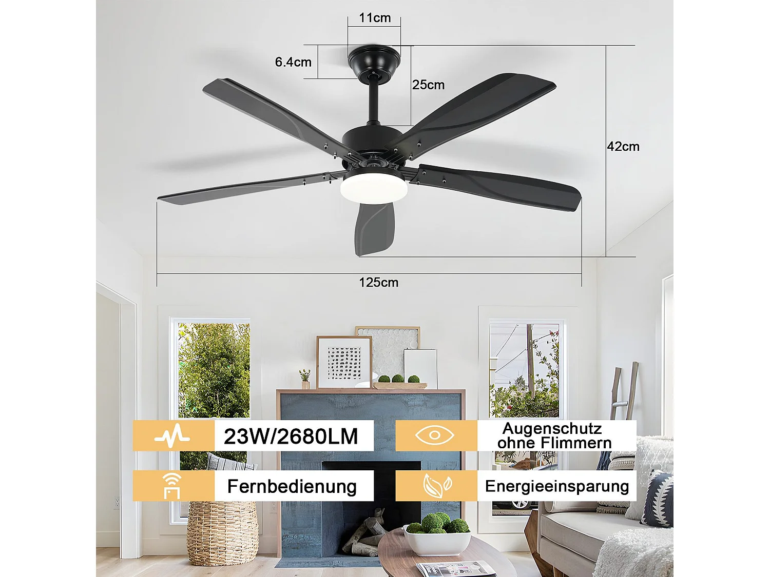 Ventilateur de plafond NETTLIFE avec éclairage LED silencieux à intensité variable 23W Noir 125 cm Ventilateurs avec lumière Minuterie 6 vitesses