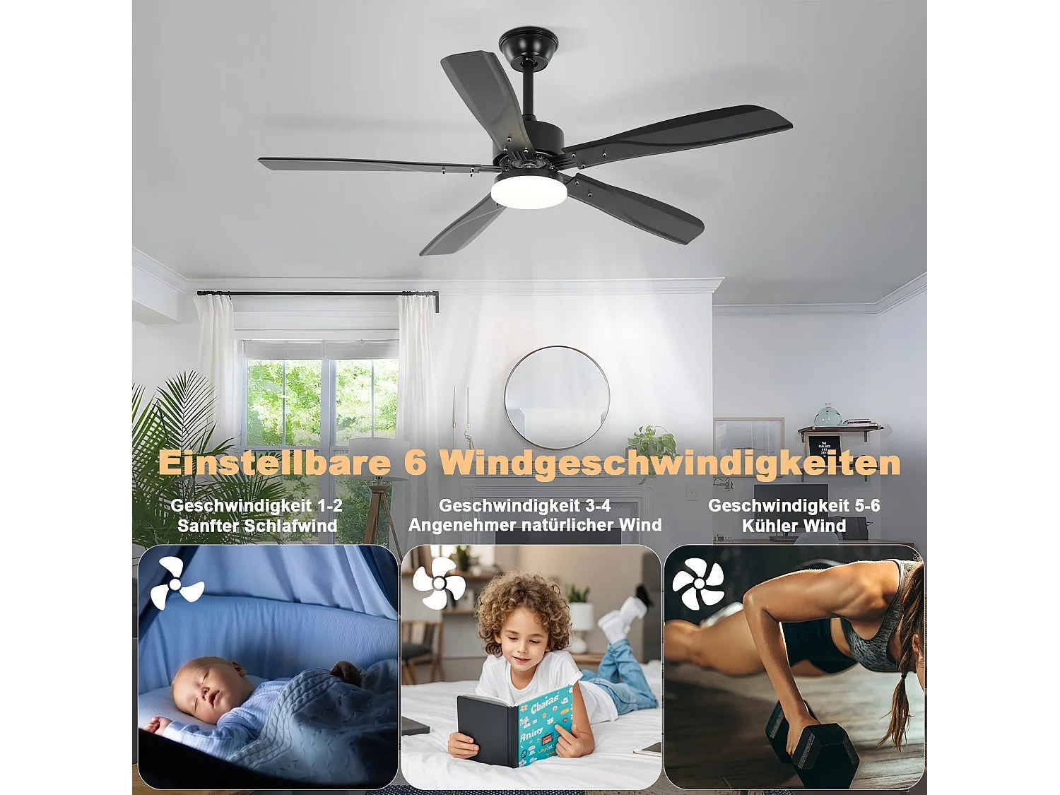 Ventilateur de plafond NETTLIFE avec éclairage LED silencieux à intensité variable 23W Noir 125 cm Ventilateurs avec lumière Minuterie 6 vitesses