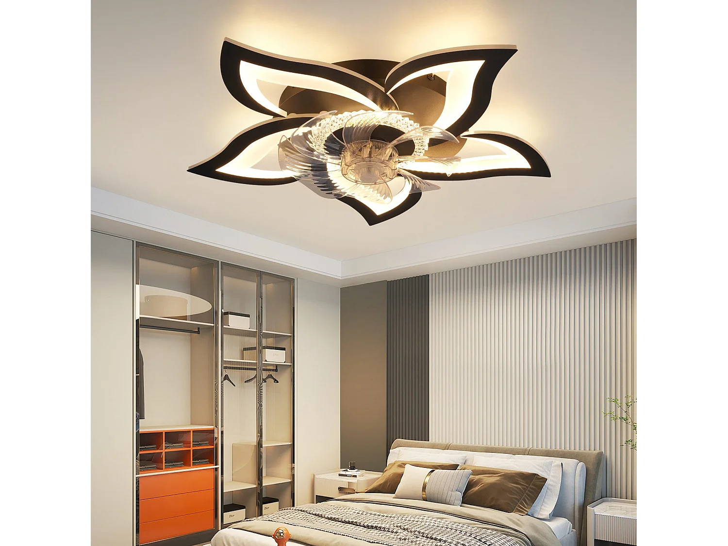 Ventilateur de plafond LED NETTLIFE avec éclairage 48 W Noir Silencieux Télécommande Intensité variable 3 températures de couleur Minuterie 6 vitesses