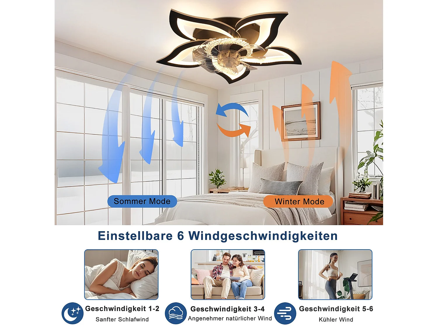 Ventilateur de plafond LED NETTLIFE avec éclairage 48 W Noir Silencieux Télécommande Intensité variable 3 températures de couleur Minuterie 6 vitesses