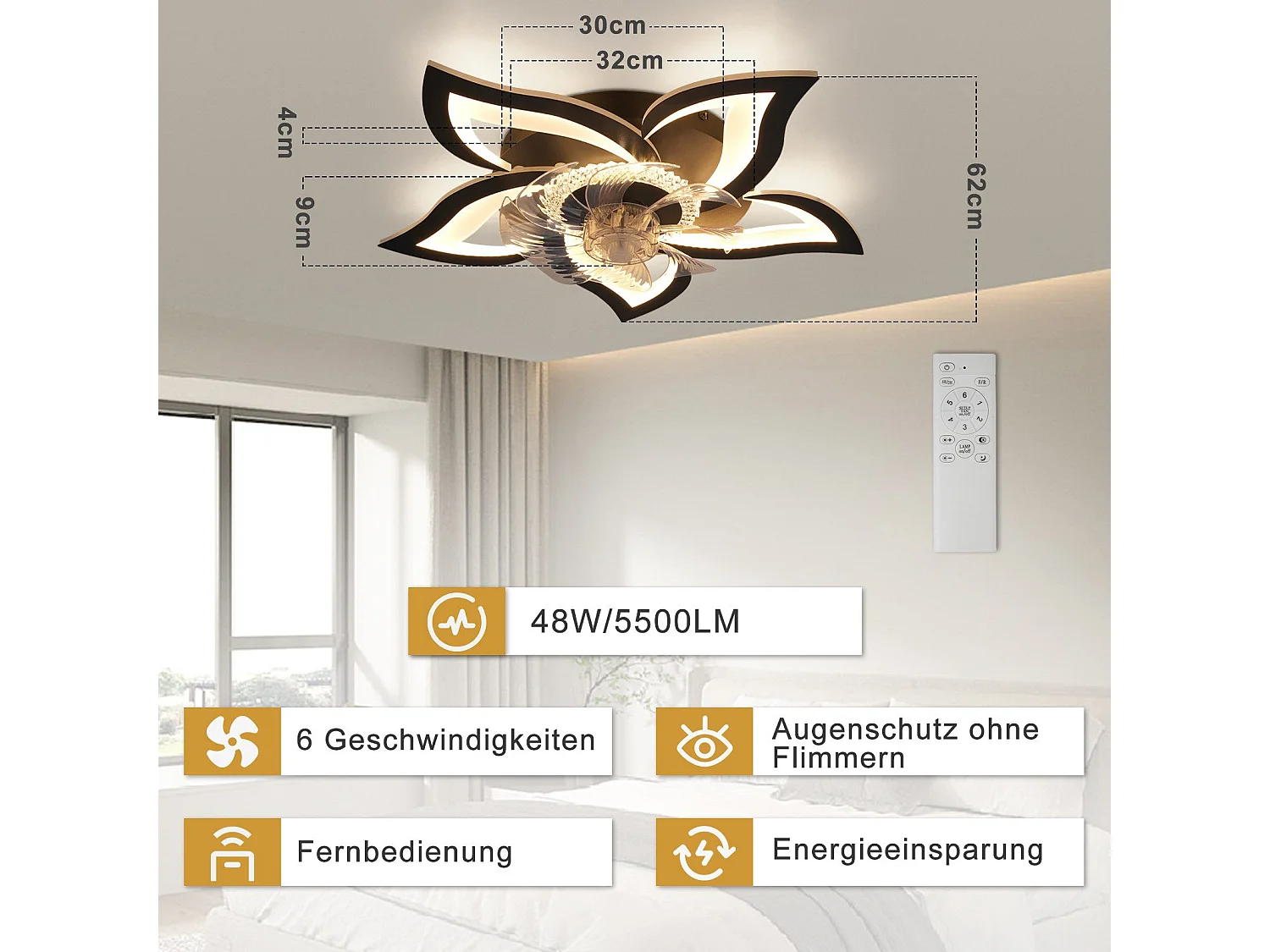 Ventilateur de plafond LED NETTLIFE avec éclairage 48 W Noir Silencieux Télécommande Intensité variable 3 températures de couleur Minuterie 6 vitesses