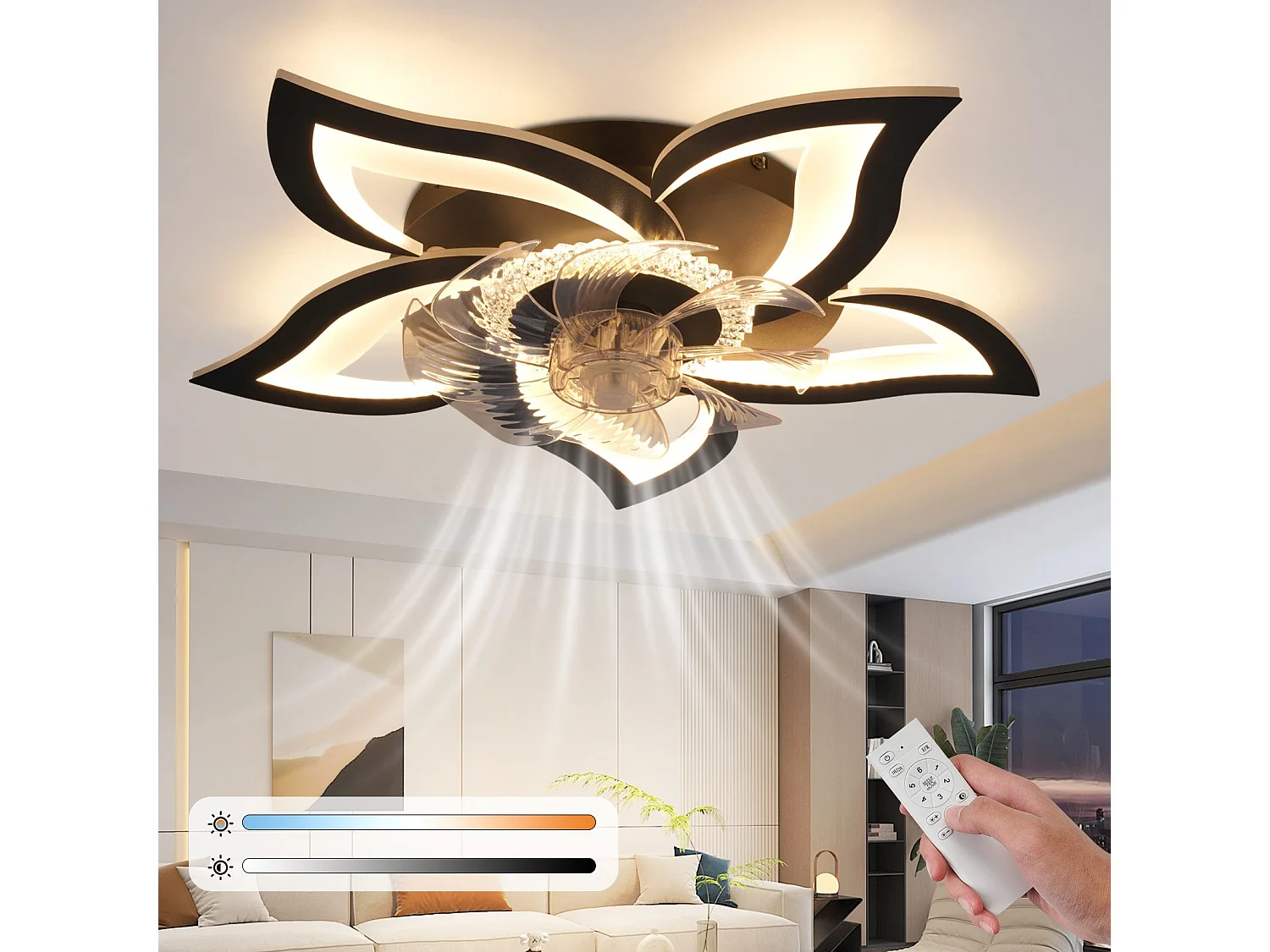 Ventilateur de plafond LED NETTLIFE avec éclairage 48 W Noir Silencieux Télécommande Intensité variable 3 températures de couleur Minuterie 6 vitesses