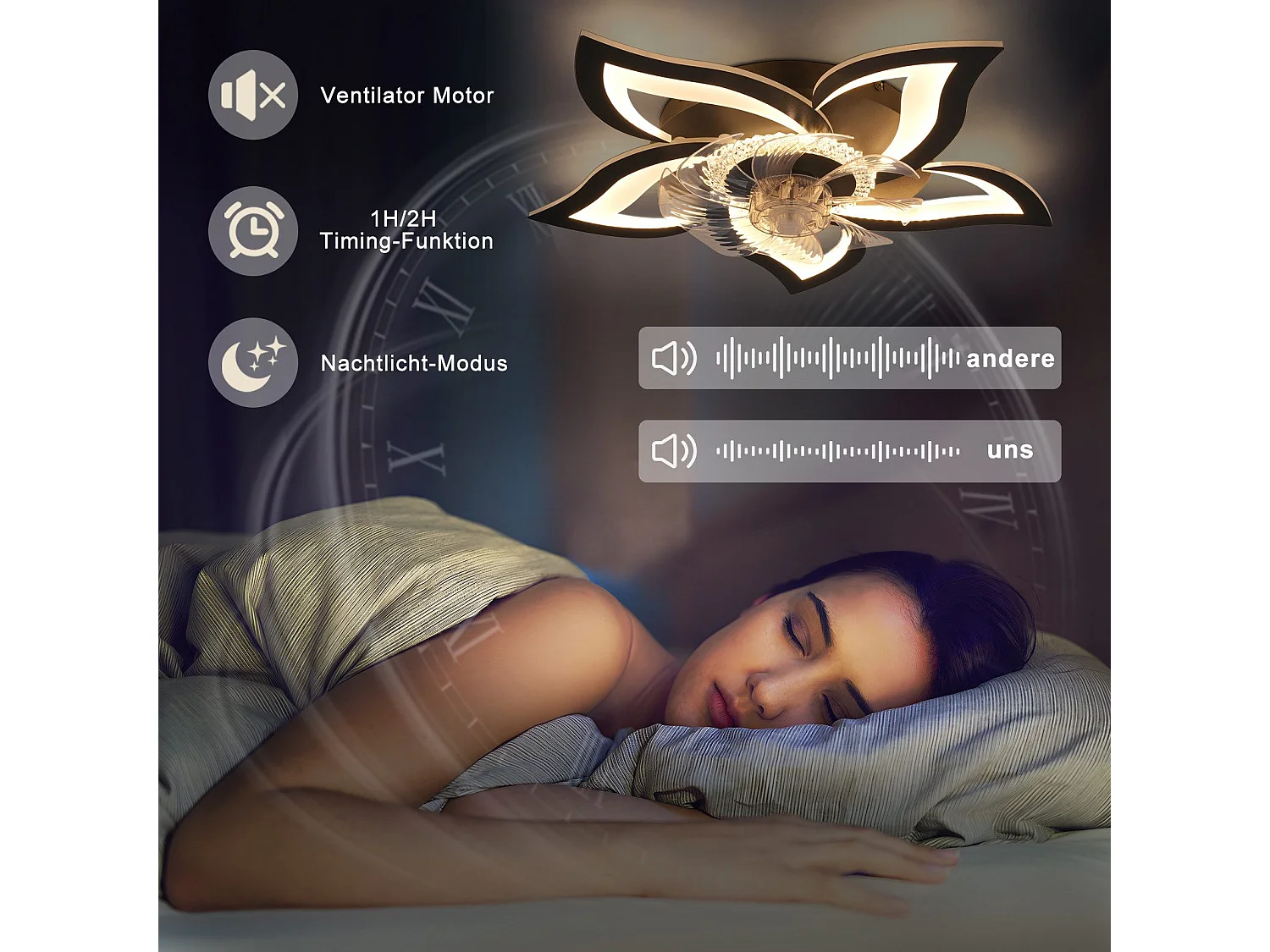 Ventilateur de plafond LED NETTLIFE avec éclairage 48 W Noir Silencieux Télécommande Intensité variable 3 températures de couleur Minuterie 6 vitesses