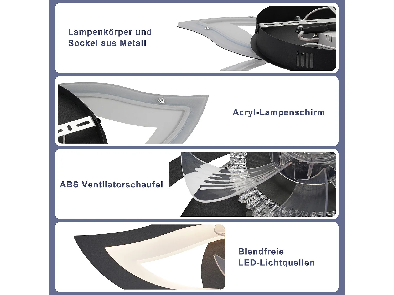 Ventilateur de plafond LED NETTLIFE avec éclairage 48 W Noir Silencieux Télécommande Intensité variable 3 températures de couleur Minuterie 6 vitesses