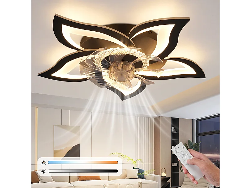 Ventilateur de plafond LED NETTLIFE avec éclairage 48 W Noir Silencieux Télécommande Intensité variable 3 températures de couleur Minuterie 6 vitesses