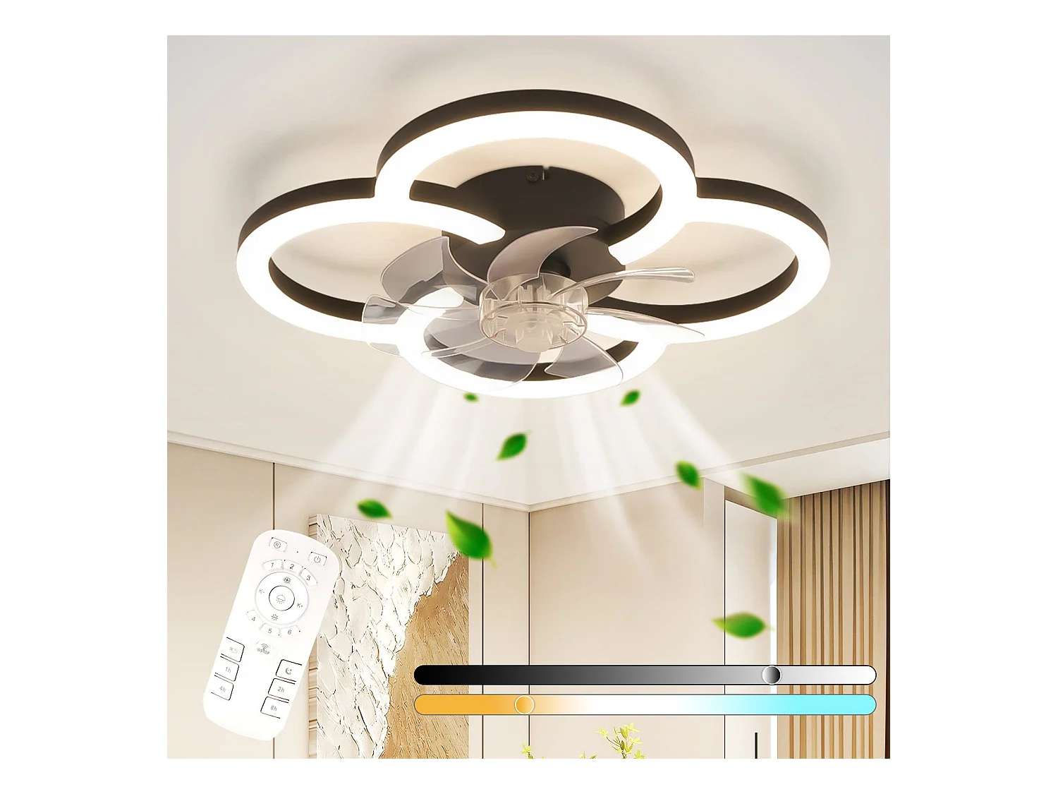 Ventilateur de plafond LED NETTLIFE avec éclairage - 40 W silencieux noir avec télécommande, variateur d'intensité, minuterie à 6 vitesses