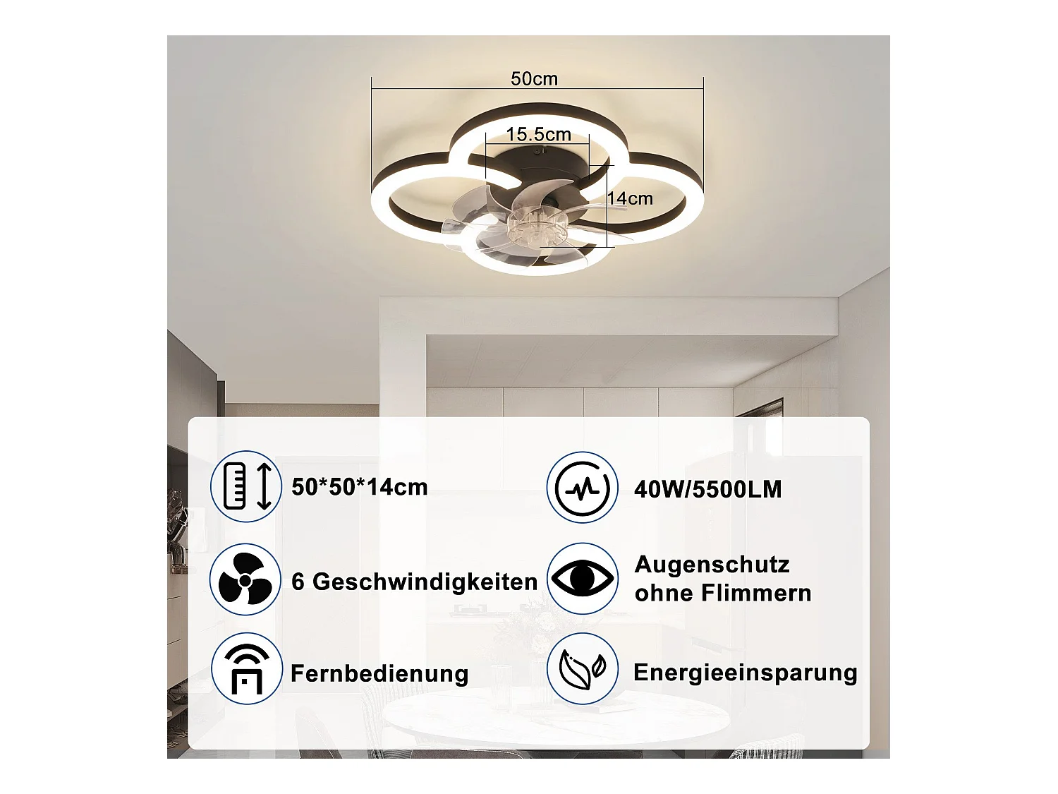 Ventilateur de plafond LED NETTLIFE avec éclairage - 40 W silencieux noir avec télécommande, variateur d'intensité, minuterie à 6 vitesses