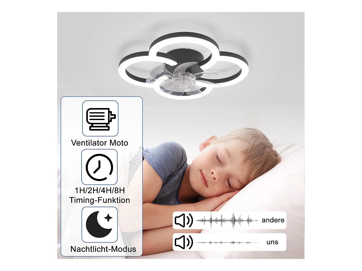 Ventilateur de plafond LED NETTLIFE avec éclairage - 40 W silencieux noir avec télécommande, variateur d'intensité, minuterie à 6 vitesses