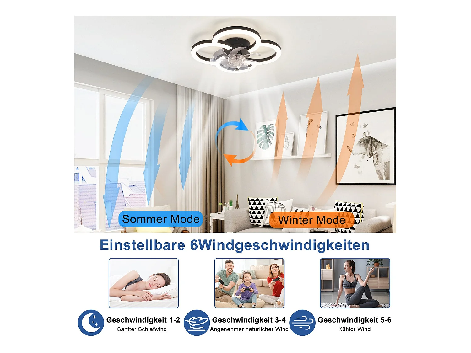 Ventilateur de plafond LED NETTLIFE avec éclairage - 40 W silencieux noir avec télécommande, variateur d'intensité, minuterie à 6 vitesses
