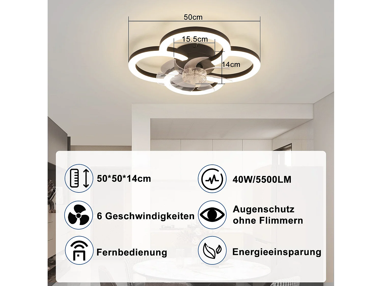 NETTLIFE LED plafondventilator met licht - 40W stil zwart met afstandsbediening, dimmer, 6-snelheden timer