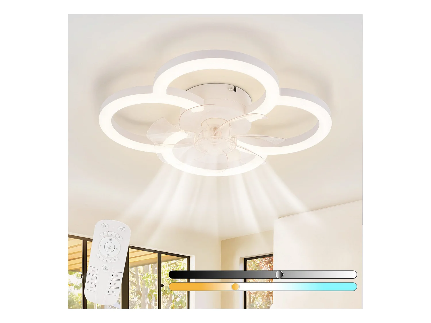 Ventilateur de plafond LED NETTLIFE avec éclairage silencieux et télécommande, plafonnier à intensité variable, minuterie à 6 vitesses, blanc