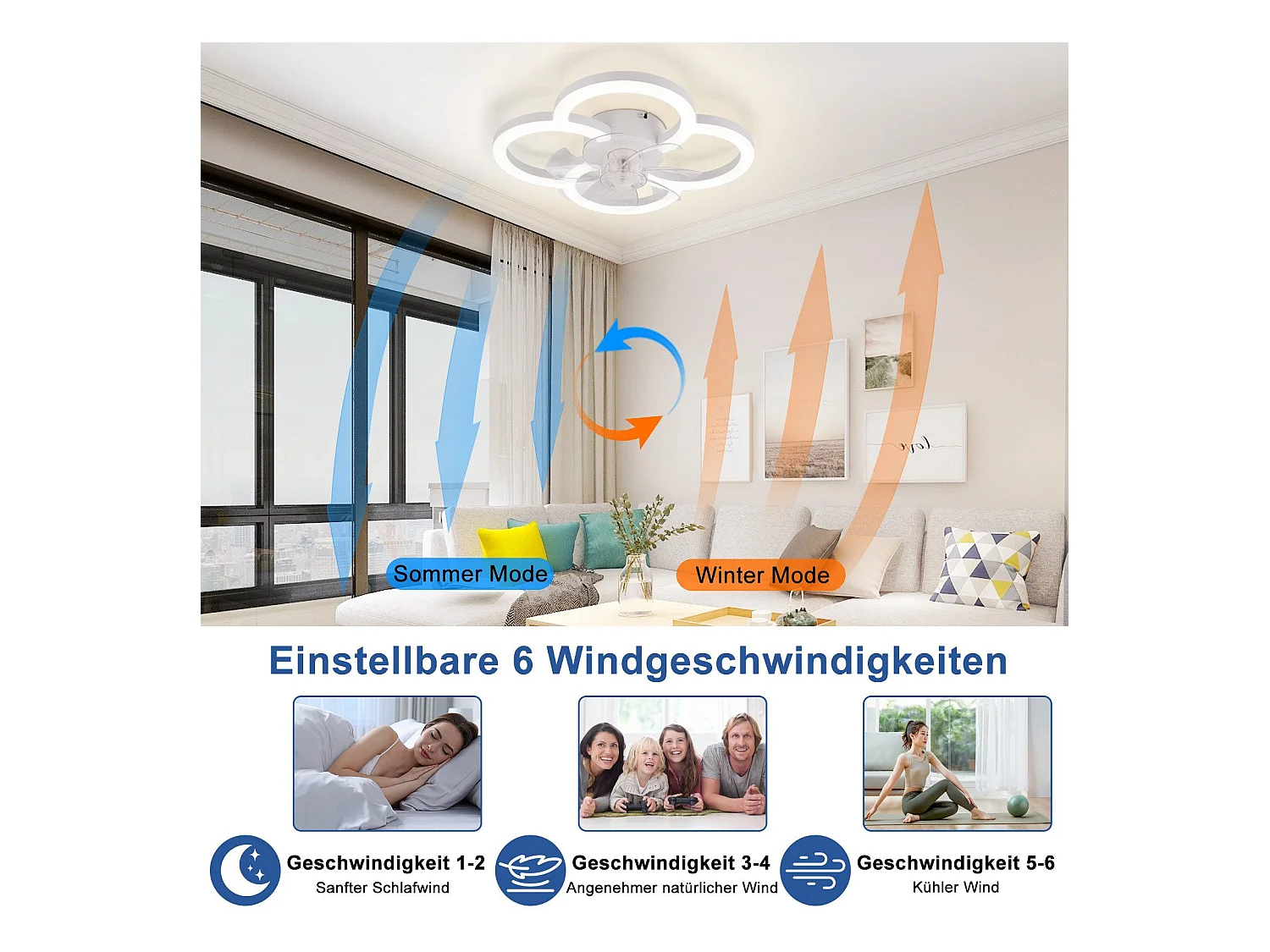 Ventilateur de plafond LED NETTLIFE avec éclairage silencieux et télécommande, plafonnier à intensité variable, minuterie à 6 vitesses, blanc