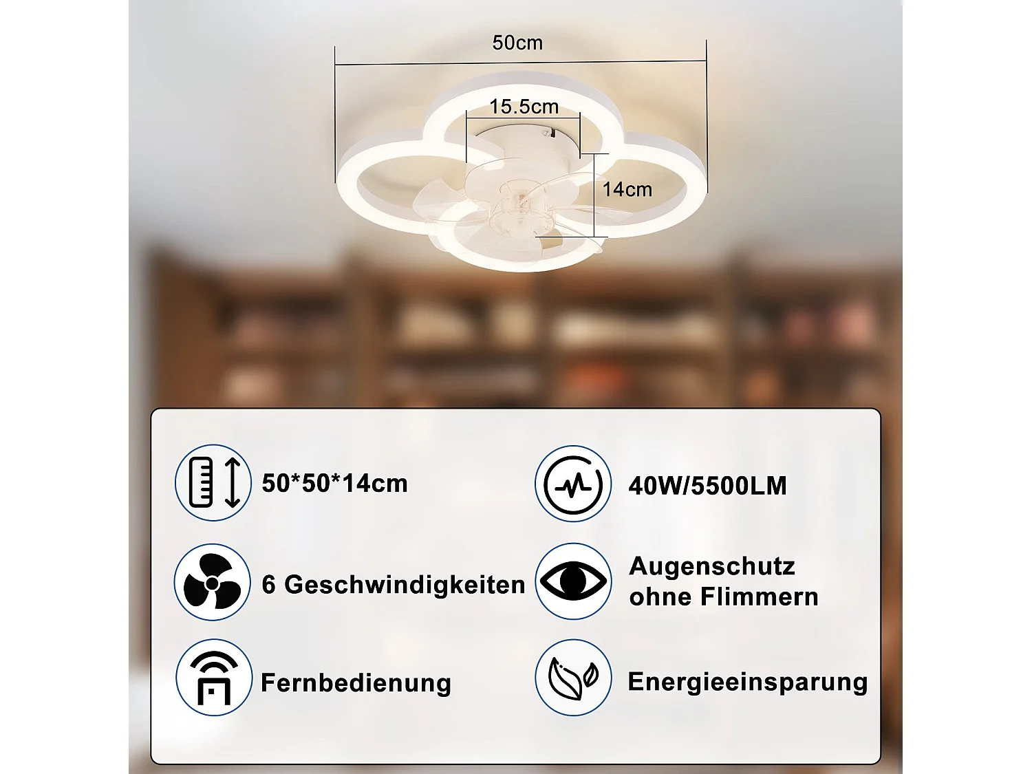NETTLIFE LED-plafondventilator met stille verlichting en afstandsbediening, dimbare plafondlamp, 6-snelheidstimer, wit