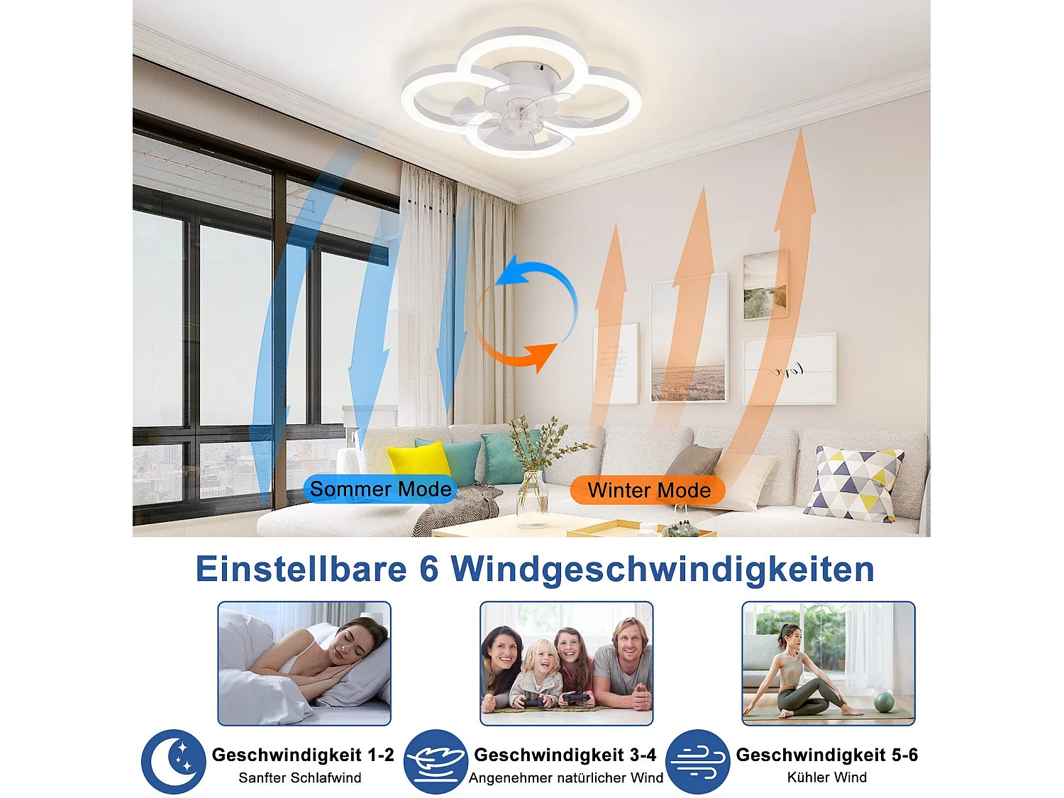 NETTLIFE LED-plafondventilator met stille verlichting en afstandsbediening, dimbare plafondlamp, 6-snelheidstimer, wit