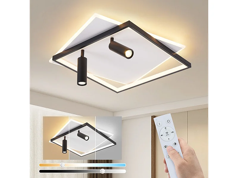 Plafonnier LED NETTLIFE salon : lampe de salon dimmable 62W avec 2 spots de plafond noir avec télécommande