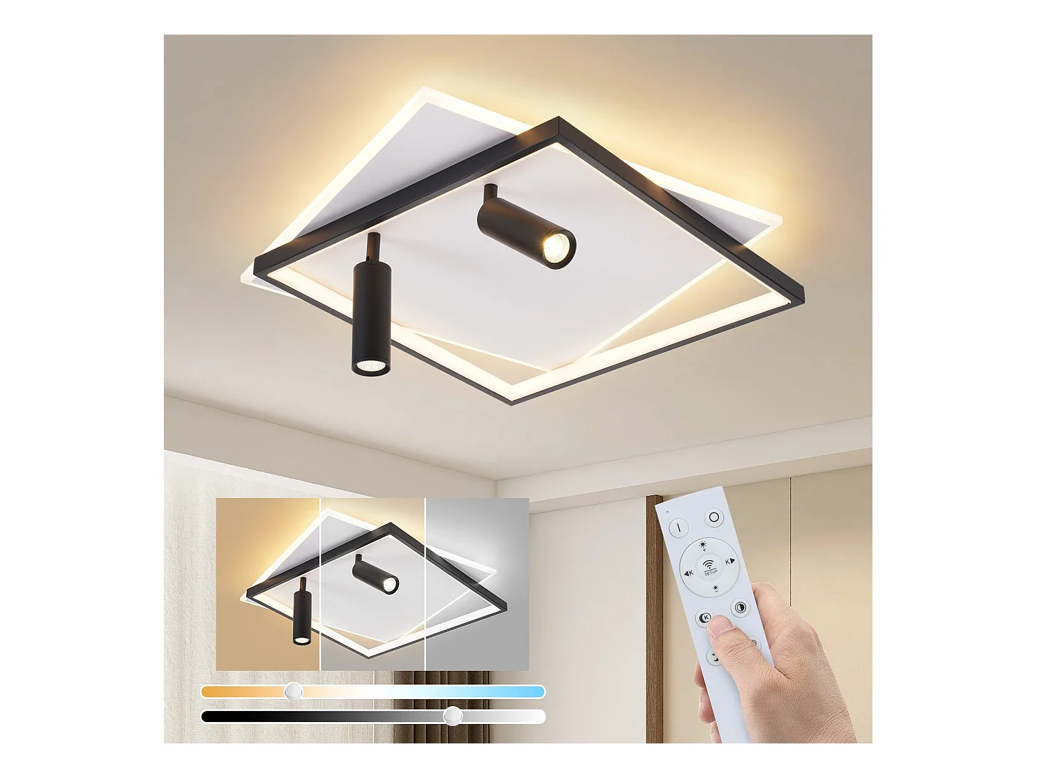 Plafonnier LED NETTLIFE salon : lampe de salon dimmable 62W avec 2 spots de plafond noir avec télécommande