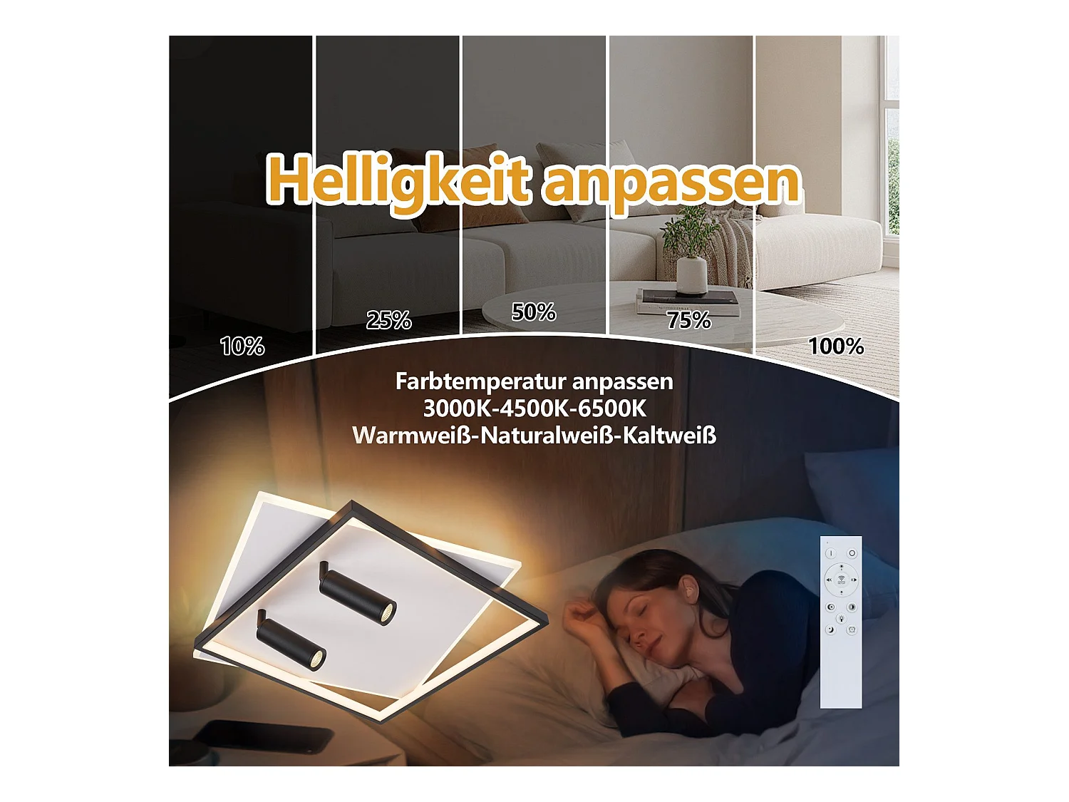 Plafonnier LED NETTLIFE salon : lampe de salon dimmable 62W avec 2 spots de plafond noir avec télécommande