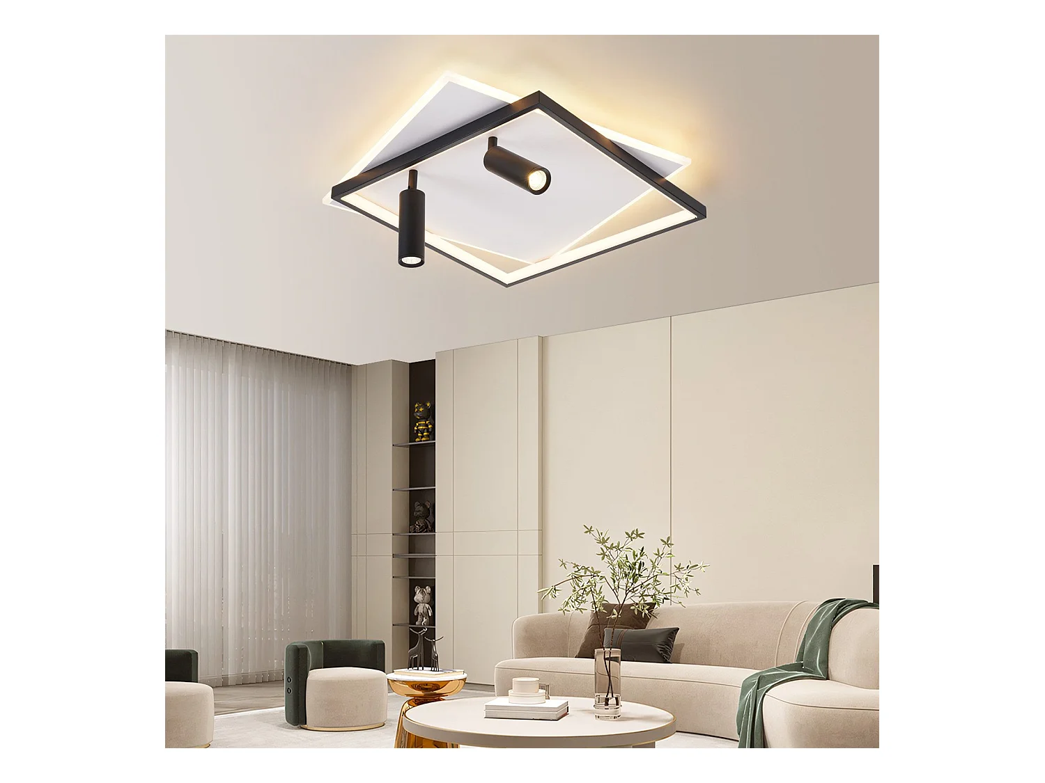 Plafonnier LED NETTLIFE salon : lampe de salon dimmable 62W avec 2 spots de plafond noir avec télécommande