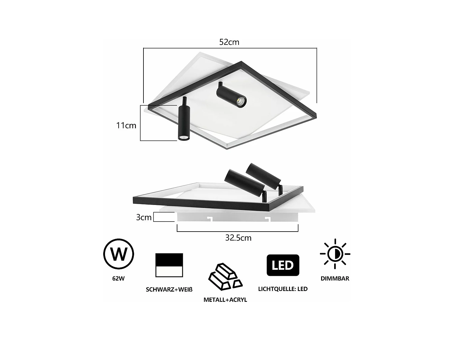 Plafonnier LED NETTLIFE salon : lampe de salon dimmable 62W avec 2 spots de plafond noir avec télécommande