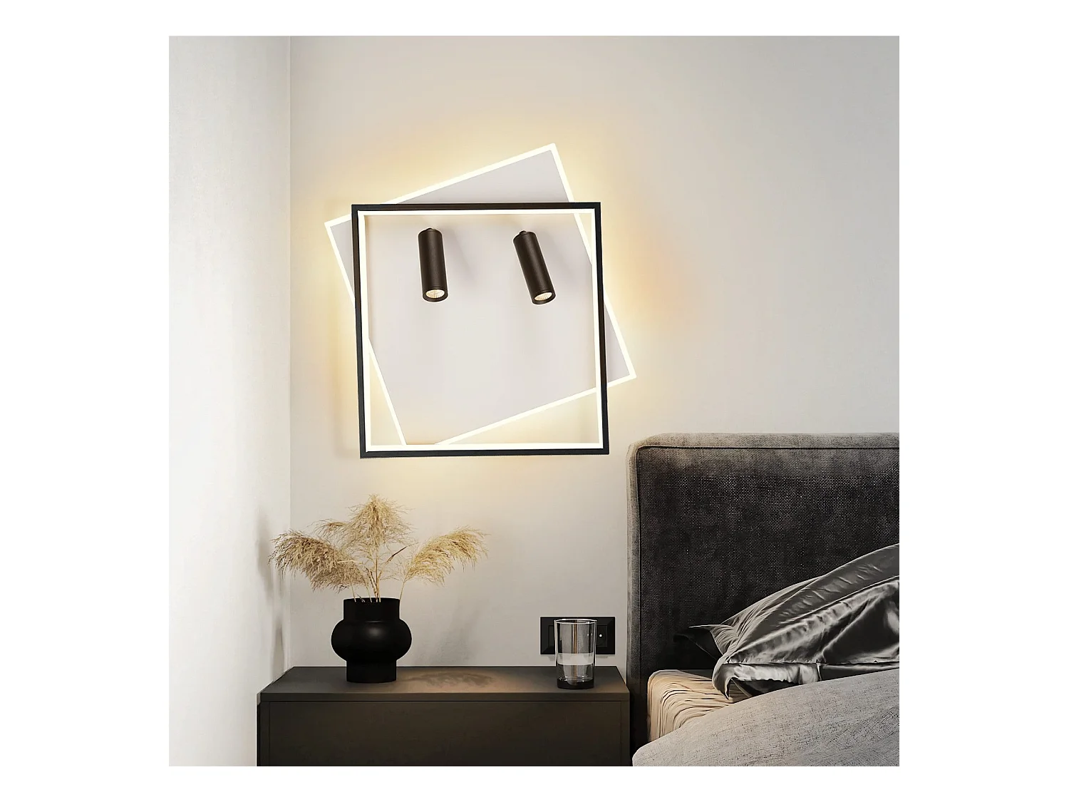 Plafonnier LED NETTLIFE salon : lampe de salon dimmable 62W avec 2 spots de plafond noir avec télécommande