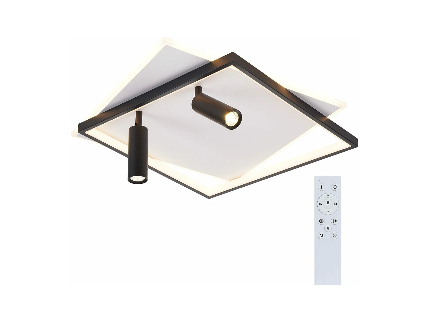 Plafonnier LED NETTLIFE salon : lampe de salon dimmable 62W avec 2 spots de plafond noir avec télécommande