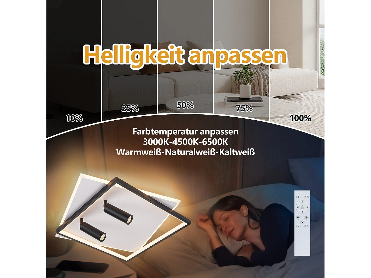 Plafonnier LED NETTLIFE salon : lampe de salon dimmable 62W avec 2 spots de plafond noir avec télécommande
