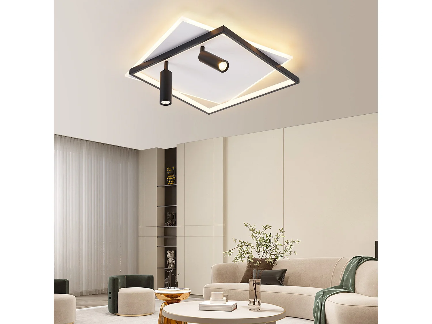 Plafonnier LED NETTLIFE salon : lampe de salon dimmable 62W avec 2 spots de plafond noir avec télécommande