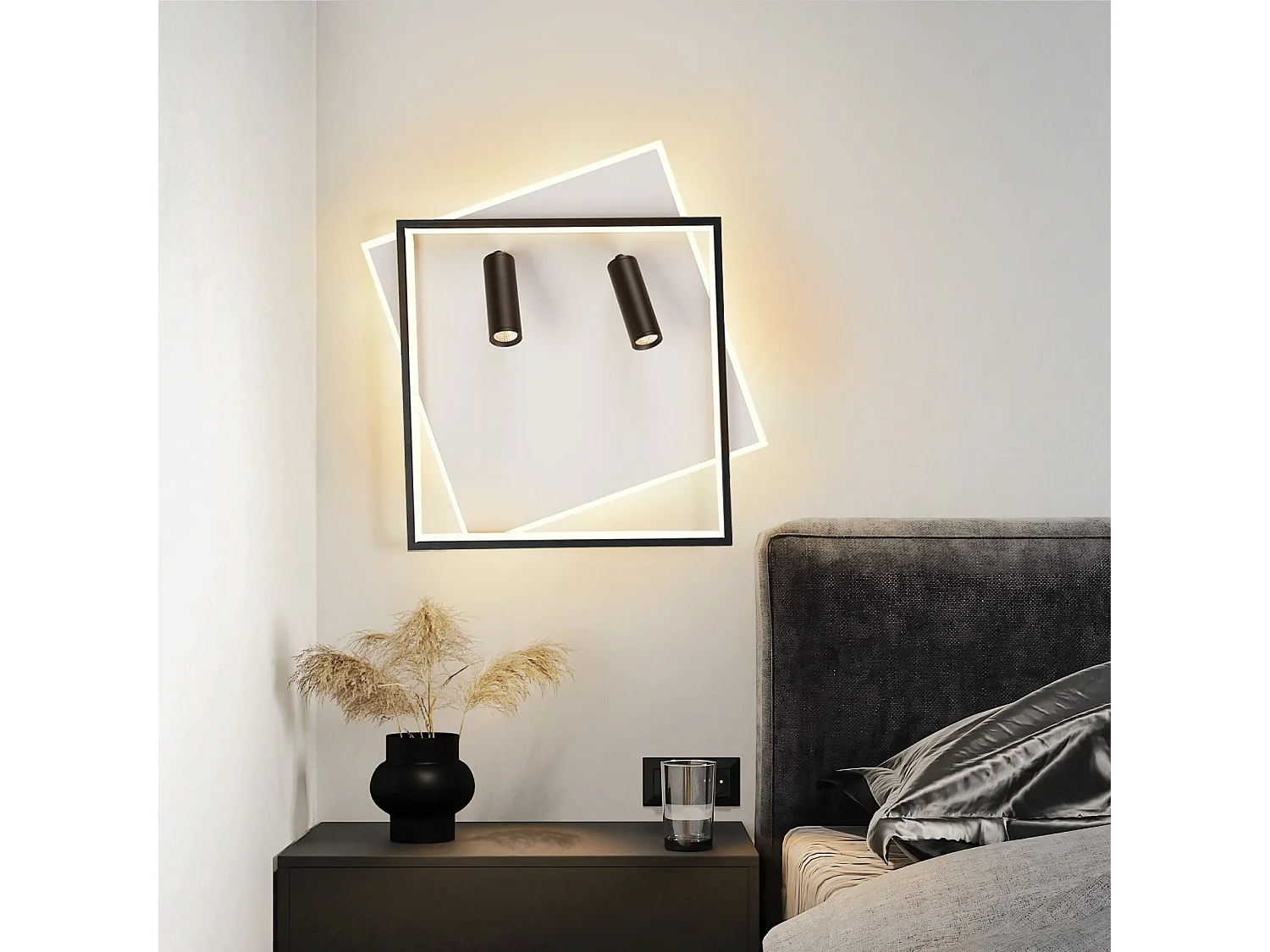 Plafonnier LED NETTLIFE salon : lampe de salon dimmable 62W avec 2 spots de plafond noir avec télécommande
