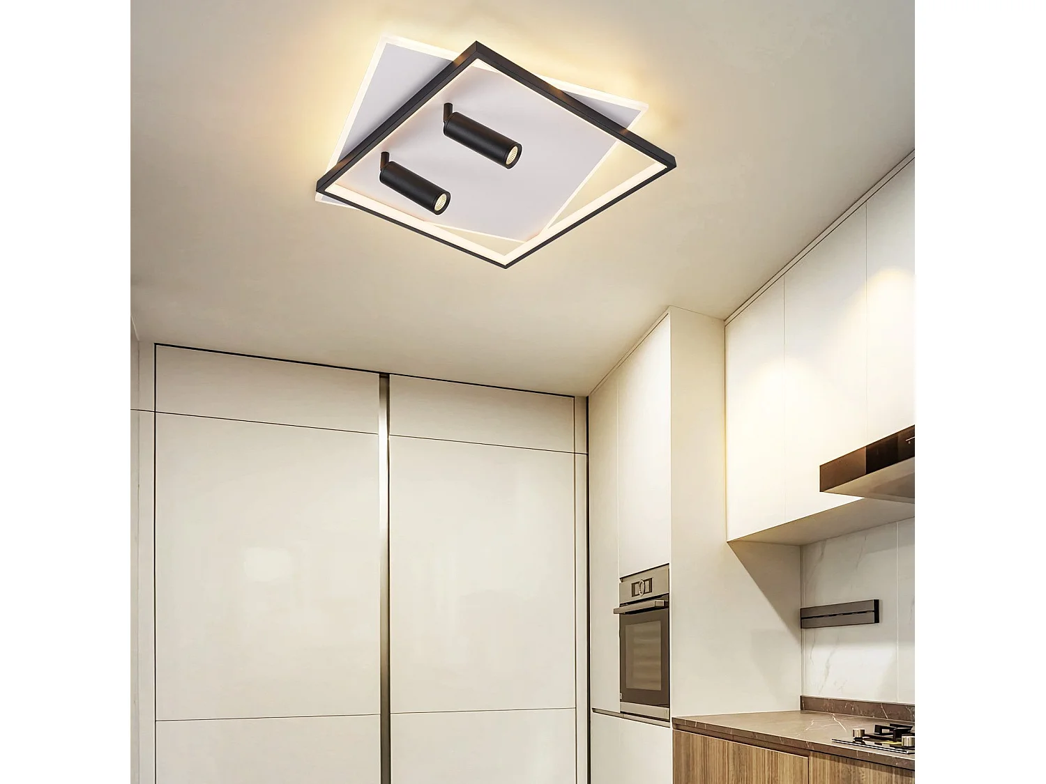 Plafonnier LED NETTLIFE salon : lampe de salon dimmable 62W avec 2 spots de plafond noir avec télécommande