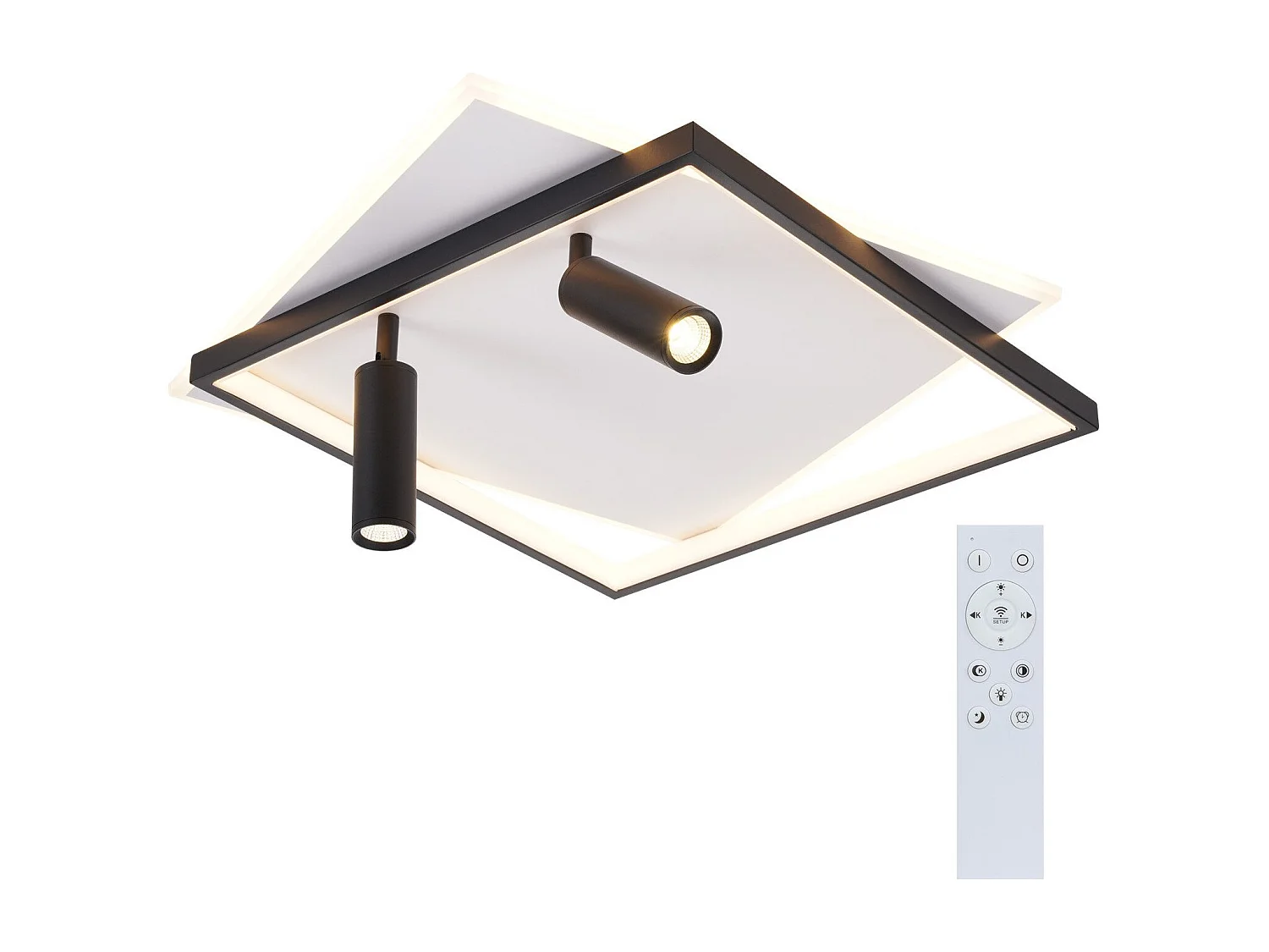Plafonnier LED NETTLIFE salon : lampe de salon dimmable 62W avec 2 spots de plafond noir avec télécommande