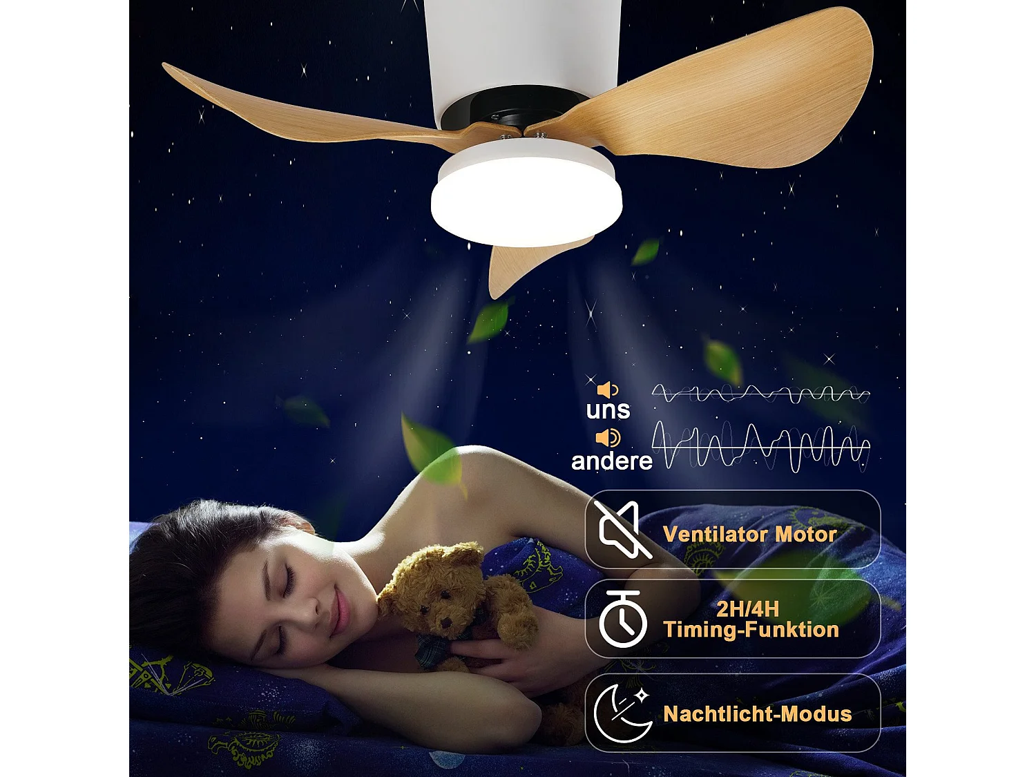 NETTLIFE Deckenventilator mit Beleuchtung und Fernbedienung, 23 W LED, dimmbar, leise, 70 cm, Sommer-/Winter-Timer, 6 Geschwindigkeiten