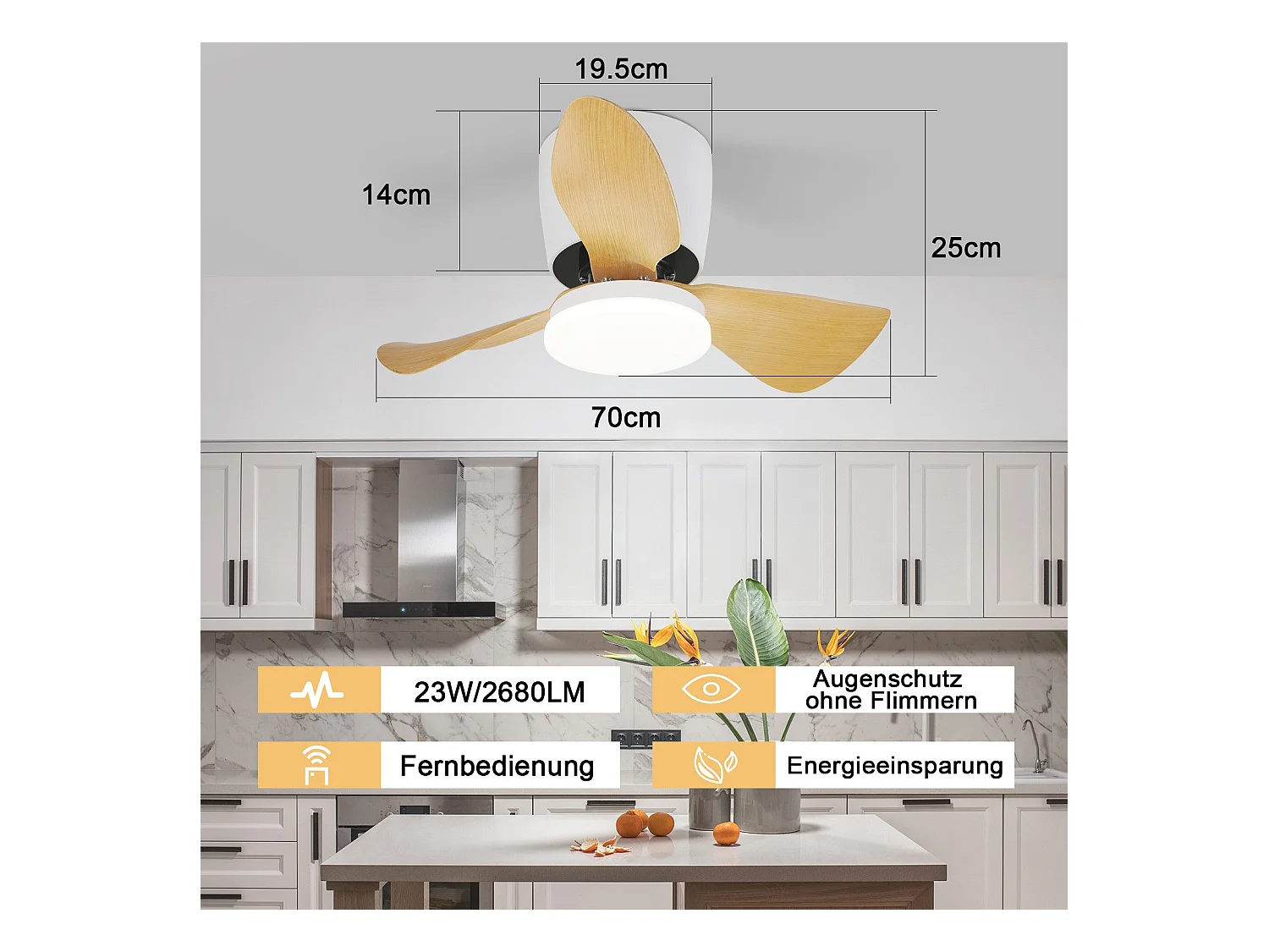 Ventilateur de plafond NETTLIFE avec éclairage et télécommande 23 W LED Dimmable Silencieux 70 cm Été/Hiver Minuterie 6 vitesses