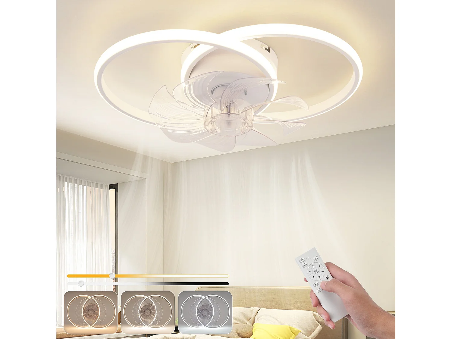 Ventilateur de plafond LED NETTLIFE avec éclairage 36 W silencieux avec télécommande 3 températures de couleur 6 vitesses Blanc