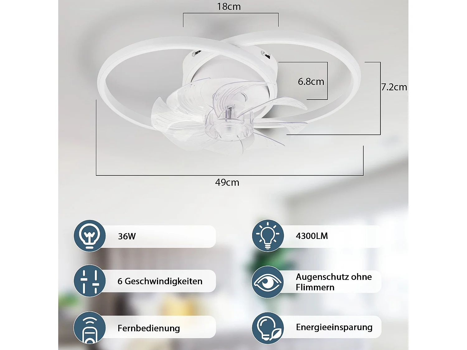 Ventilateur de plafond LED NETTLIFE avec éclairage 36 W silencieux avec télécommande 3 températures de couleur 6 vitesses Blanc