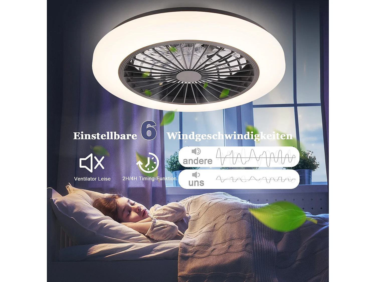 Ventilateur de plafond NETTLIFE avec éclairage LED silencieux et télécommande 40 W, intensité variable, 6 vitesses de synchronisation