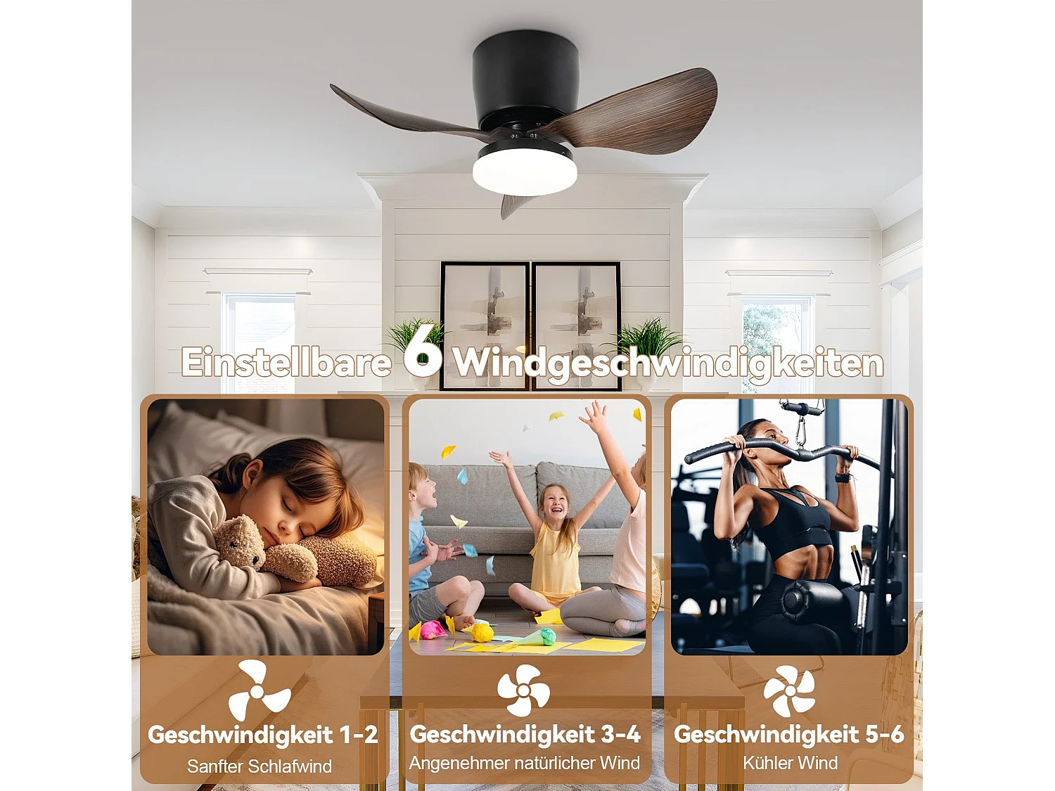 Ventilateur de plafond LED NETTLIFE avec éclairage et télécommande silencieux 23 W 70 cm Noir Été/Hiver Minuterie 6 vitesses