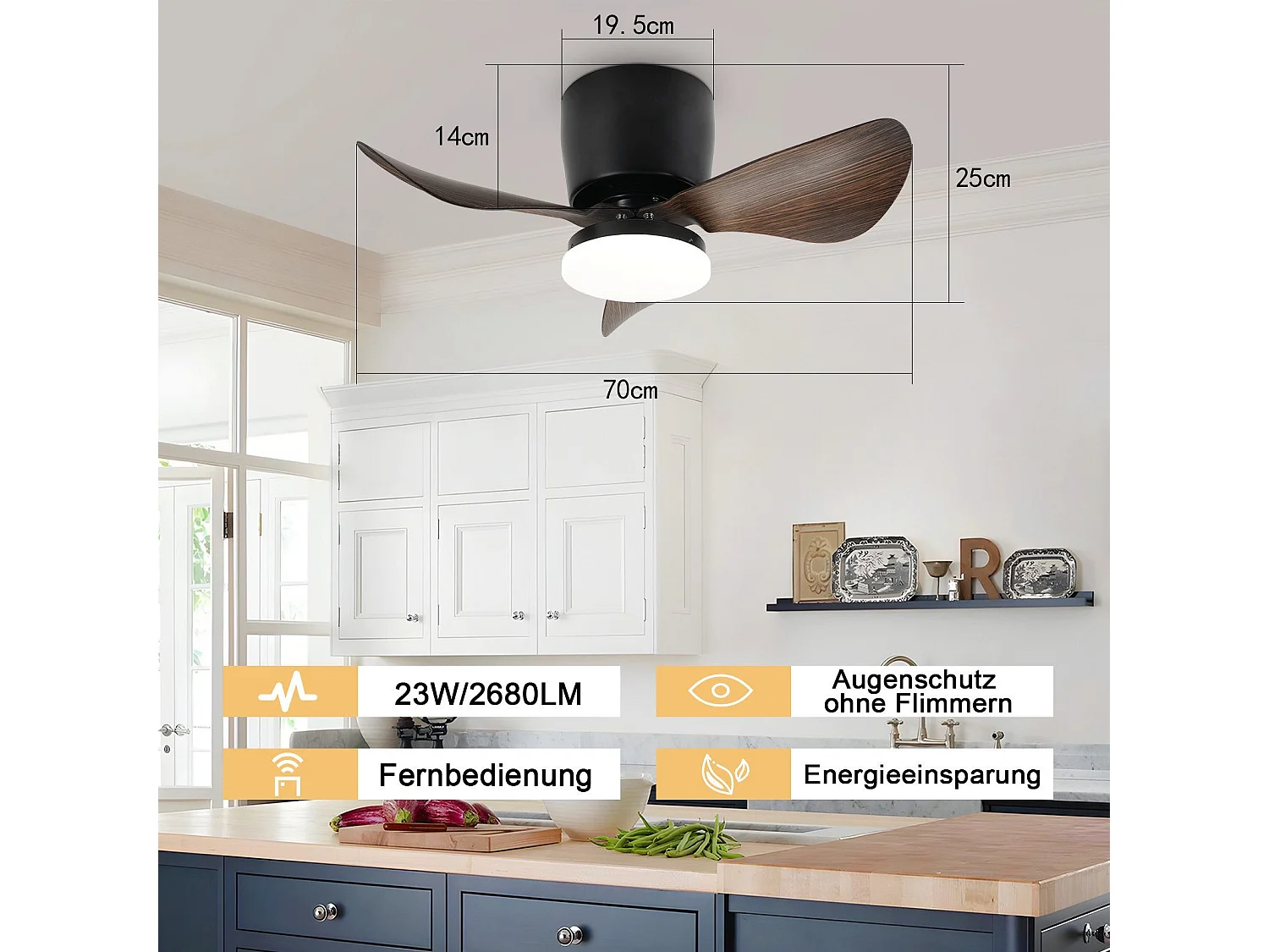 Ventilateur de plafond LED NETTLIFE avec éclairage et télécommande silencieux 23 W 70 cm Noir Été/Hiver Minuterie 6 vitesses