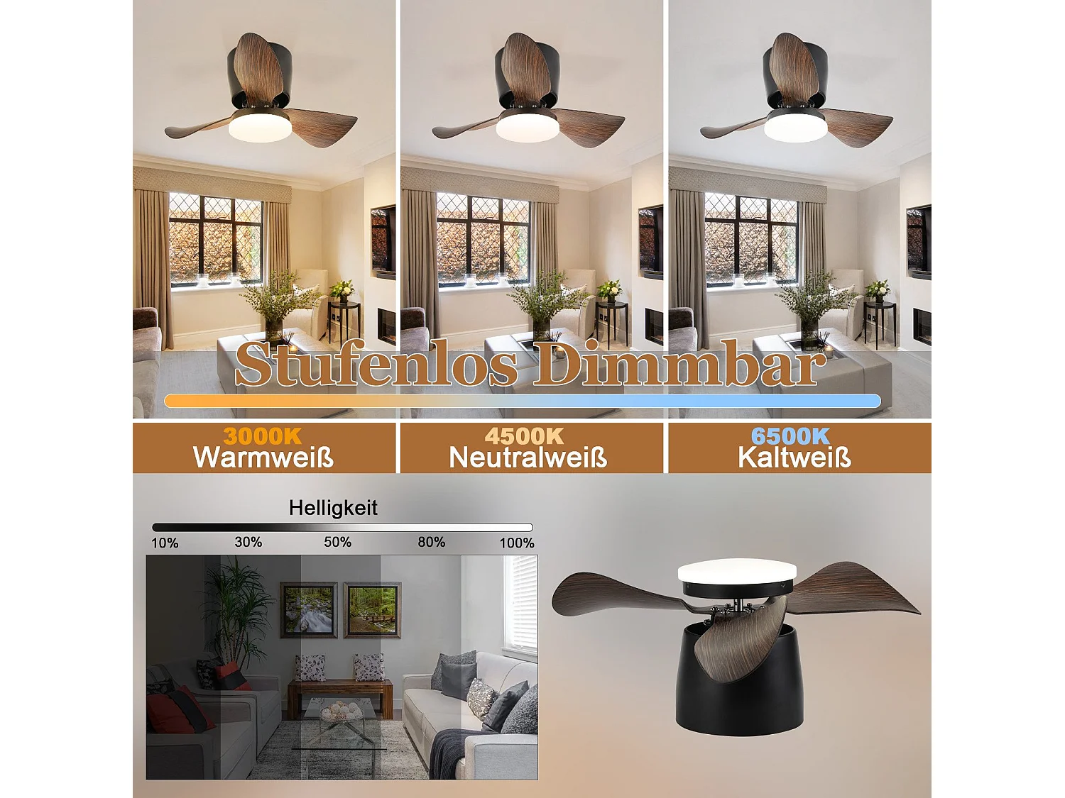 Ventilateur de plafond LED NETTLIFE avec éclairage et télécommande silencieux 23 W 70 cm Noir Été/Hiver Minuterie 6 vitesses
