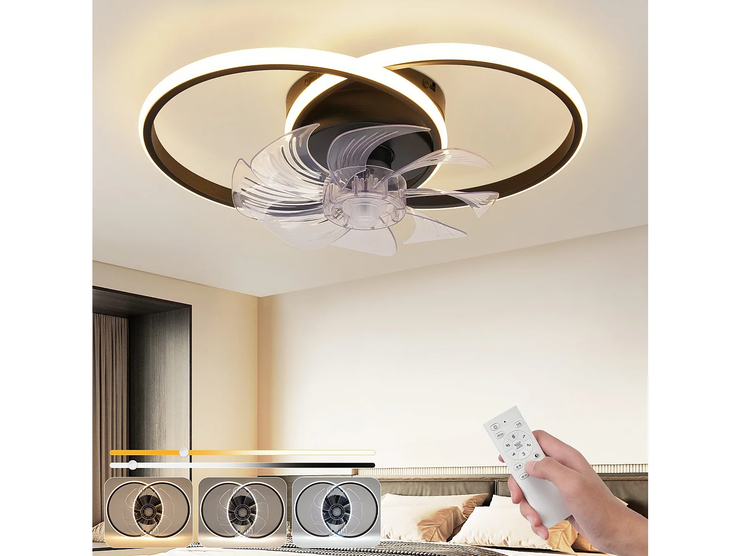Ventilateur de plafond LED NETTLIFE avec éclairage - 36 W, noir, silencieux, avec télécommande, 3 températures de couleur, 6 vitesses