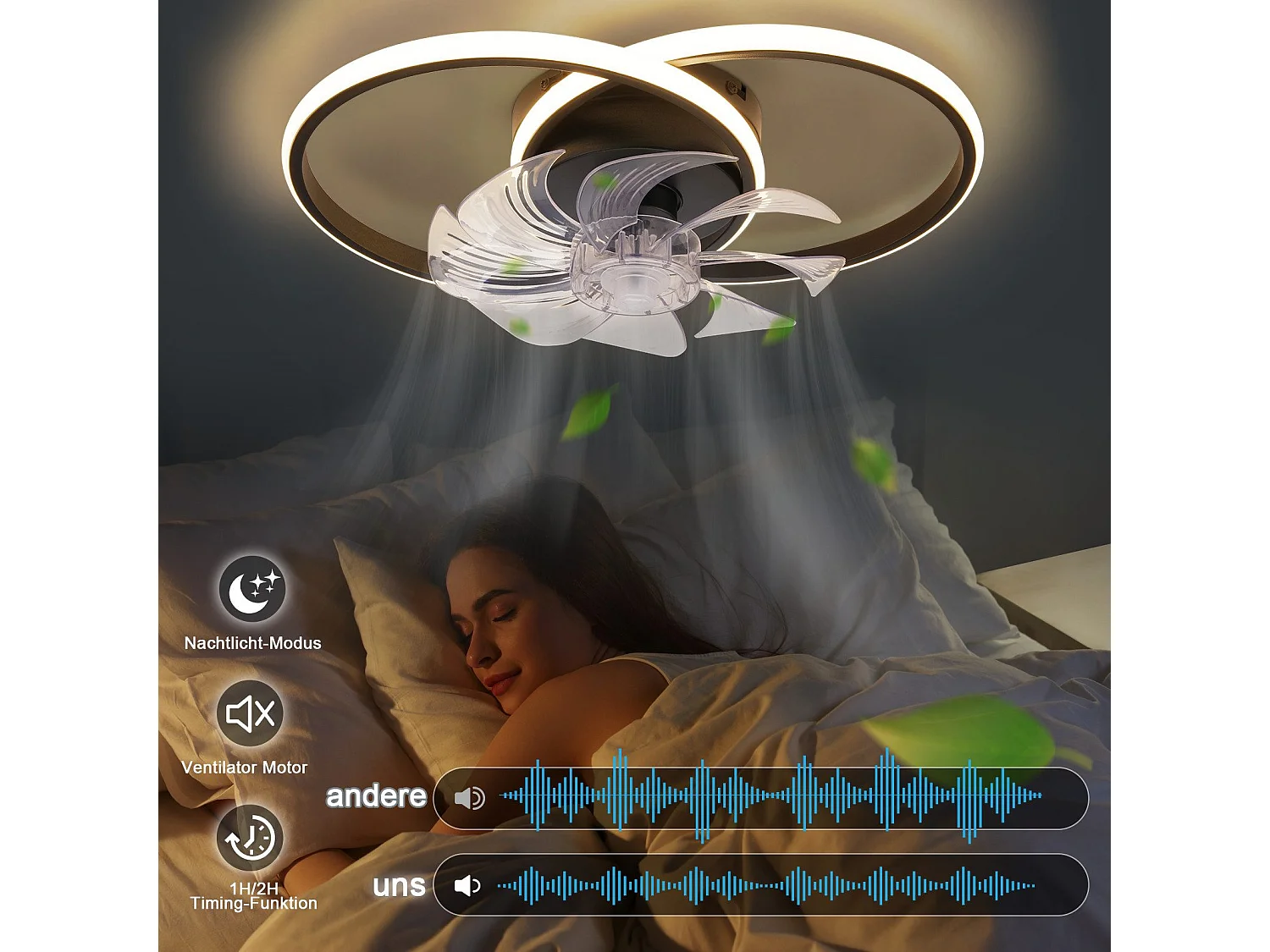 Ventilateur de plafond LED NETTLIFE avec éclairage - 36 W, noir, silencieux, avec télécommande, 3 températures de couleur, 6 vitesses