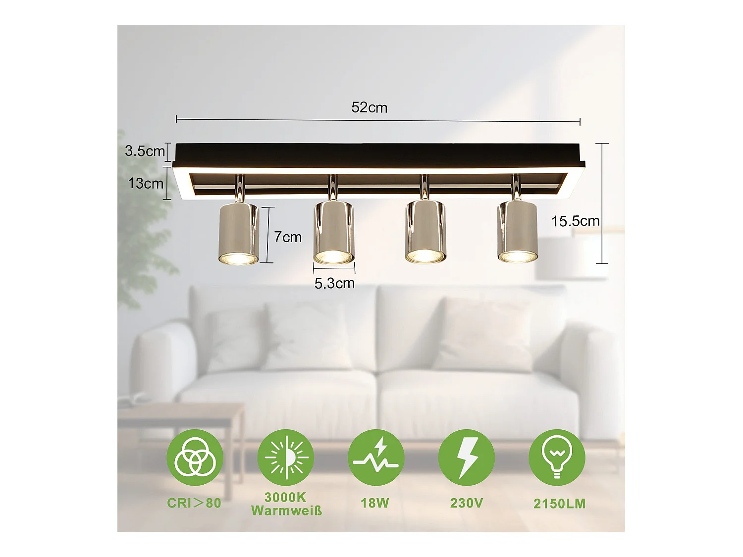 Spot de plafond LED NETTLIFE 4 flammes : spots de plafond GU10 orientables lampe de cuisine spot argenté 18W