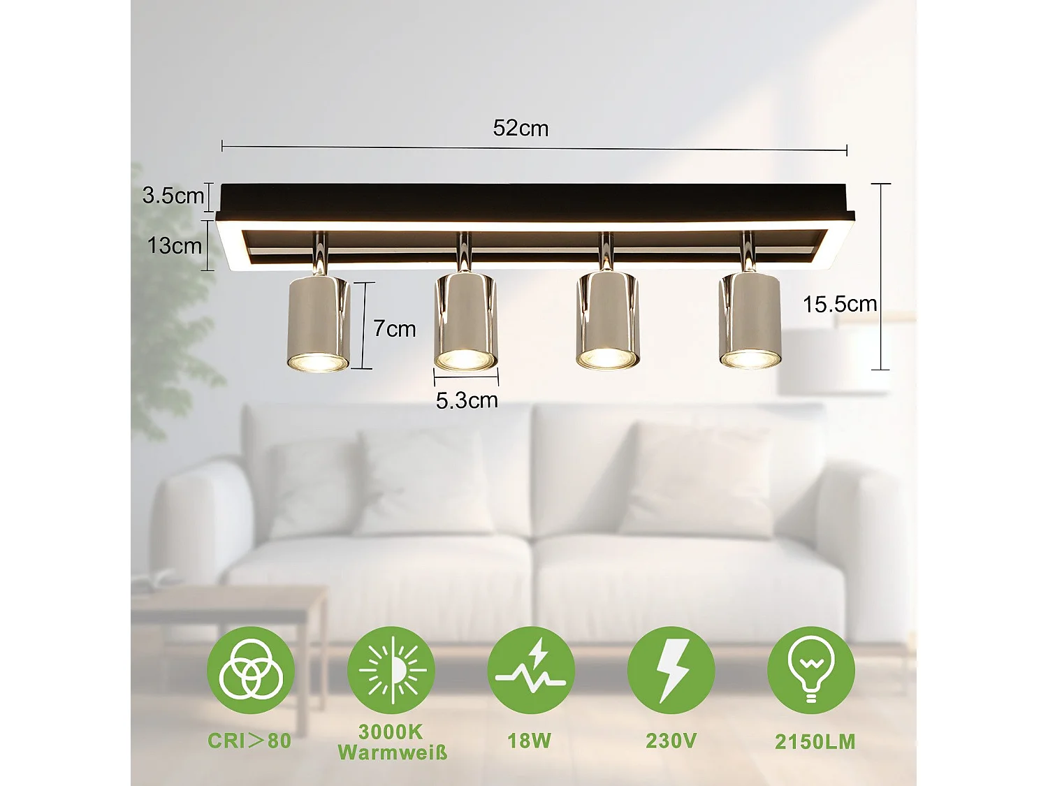 Spot de plafond LED NETTLIFE 4 flammes : spots de plafond GU10 orientables lampe de cuisine spot argenté 18W
