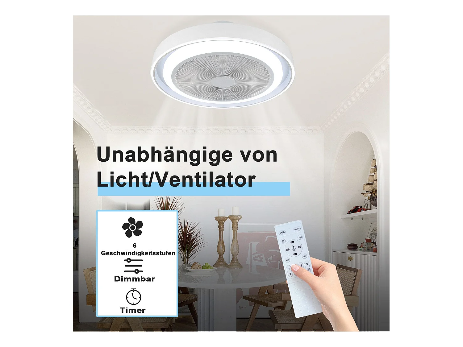 NETTLIFE Deckenventilator mit LED-Beleuchtung und Fernbedienung – Moderne Deckenleuchte, leise, dimmbar, 5-Flügel-Licht